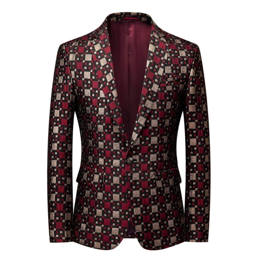 Men’s Mogu Slim Fit Suit Jacket Blazer One Button Red Black & Gold Size 34 NWOT